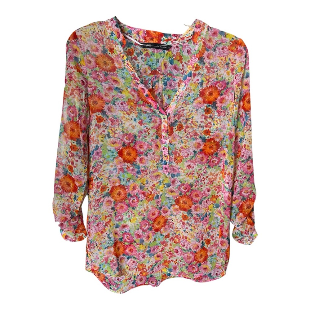 Zara Multicolor Floral Sheer V-Neck Roll-Tab Sleeves Blouse SZ S